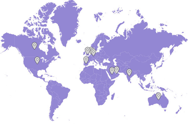 A world map with pins representing key operating countries